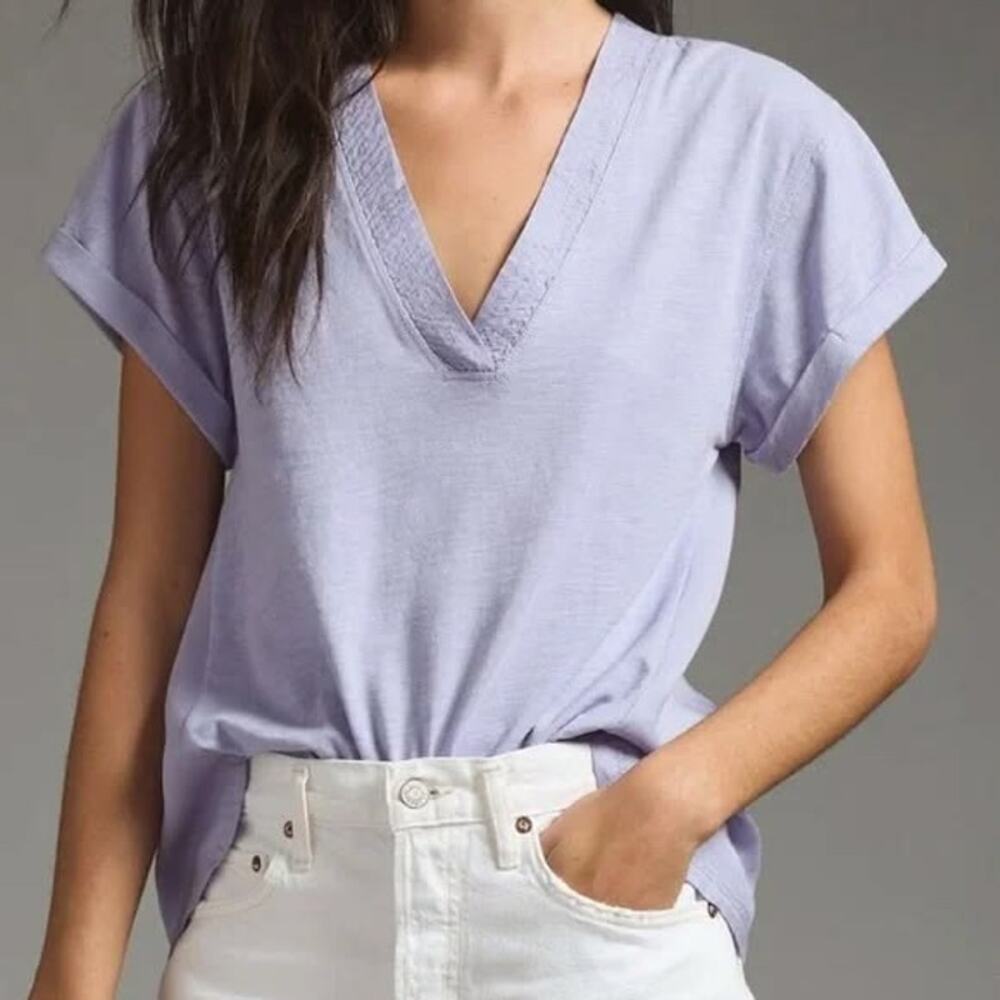 Anthropologies Daily Practice Lightweight V-Neck Cotton-Lyocell-Tencel Blouse